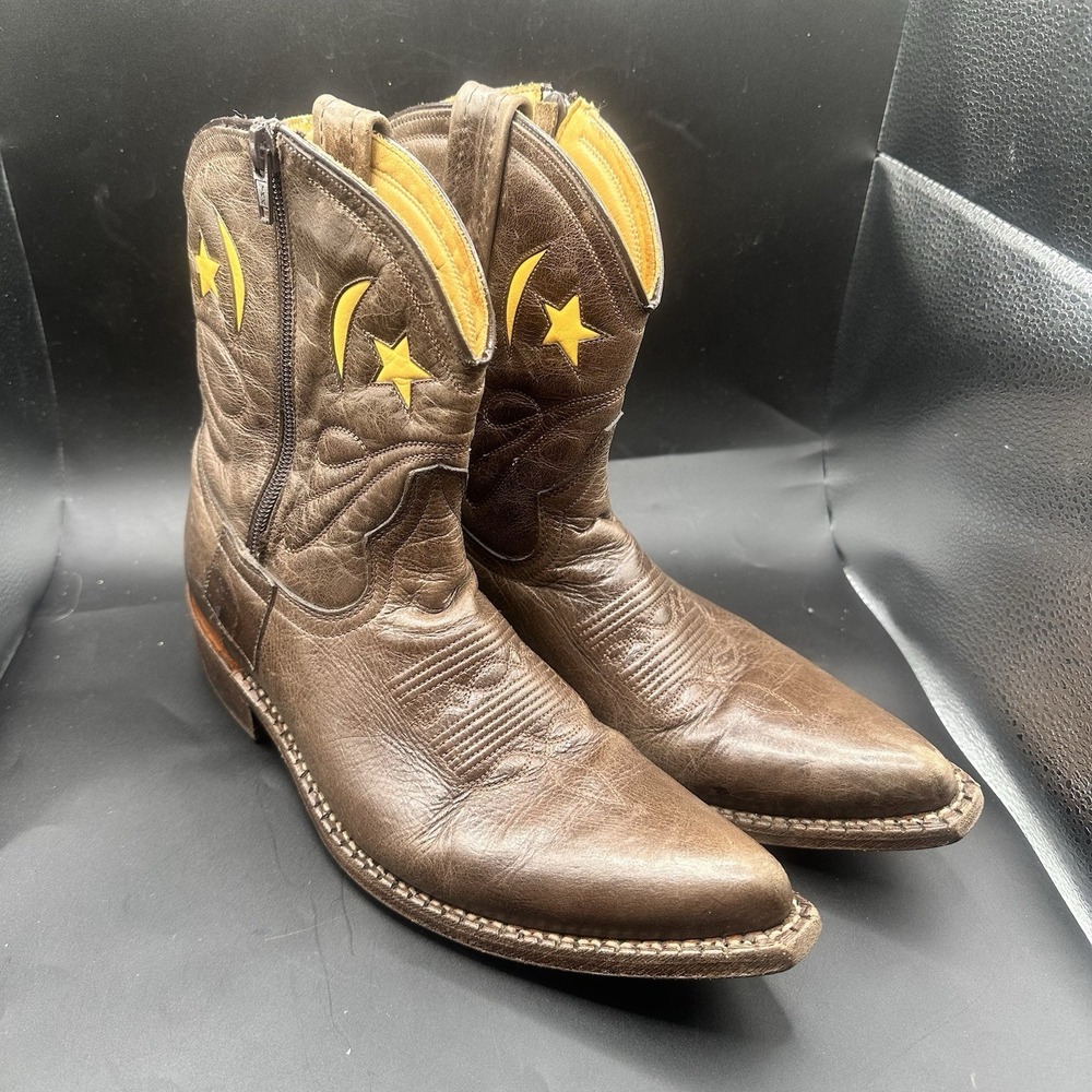 Loblan Cowboy Boots Pointed Star Moon Celestial Western Brown Leather Dolly 37 7